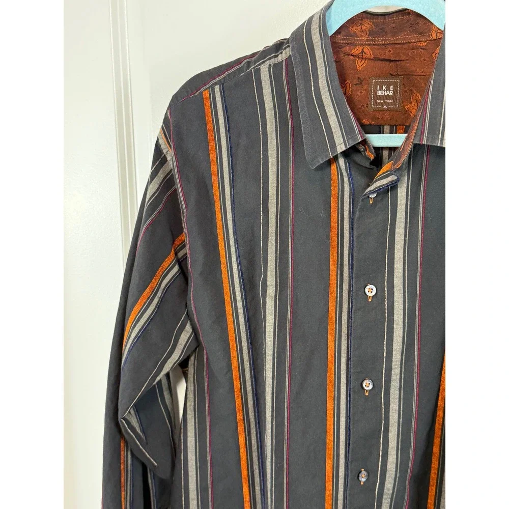 Ike Behar Men's‎ XL Western Button Down Shirt Gray Orange Striped Cowboy Ranch